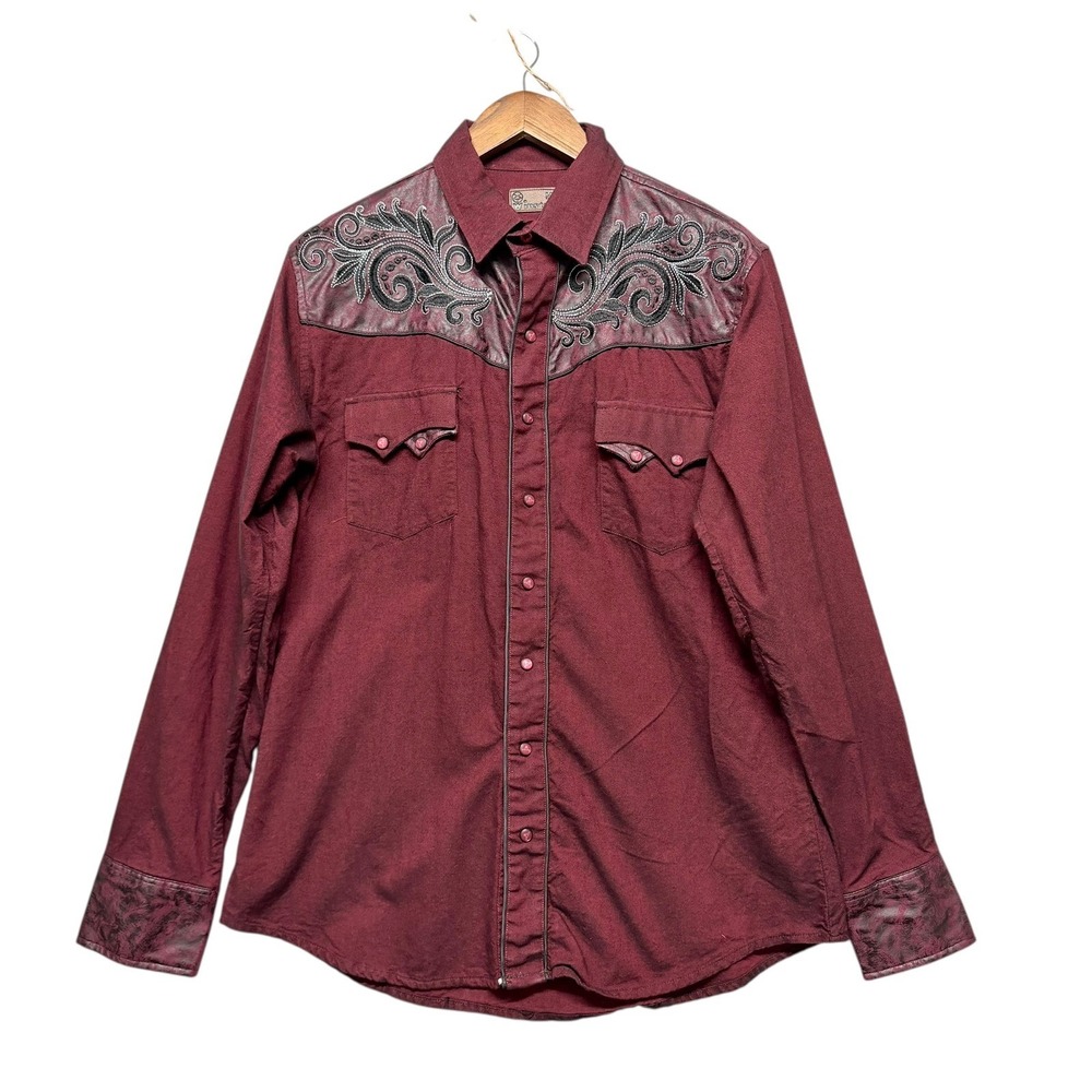 Winster Western Shirt Mens M Burgundy Embroidered Horse Faux Leather Yoke Rodeo